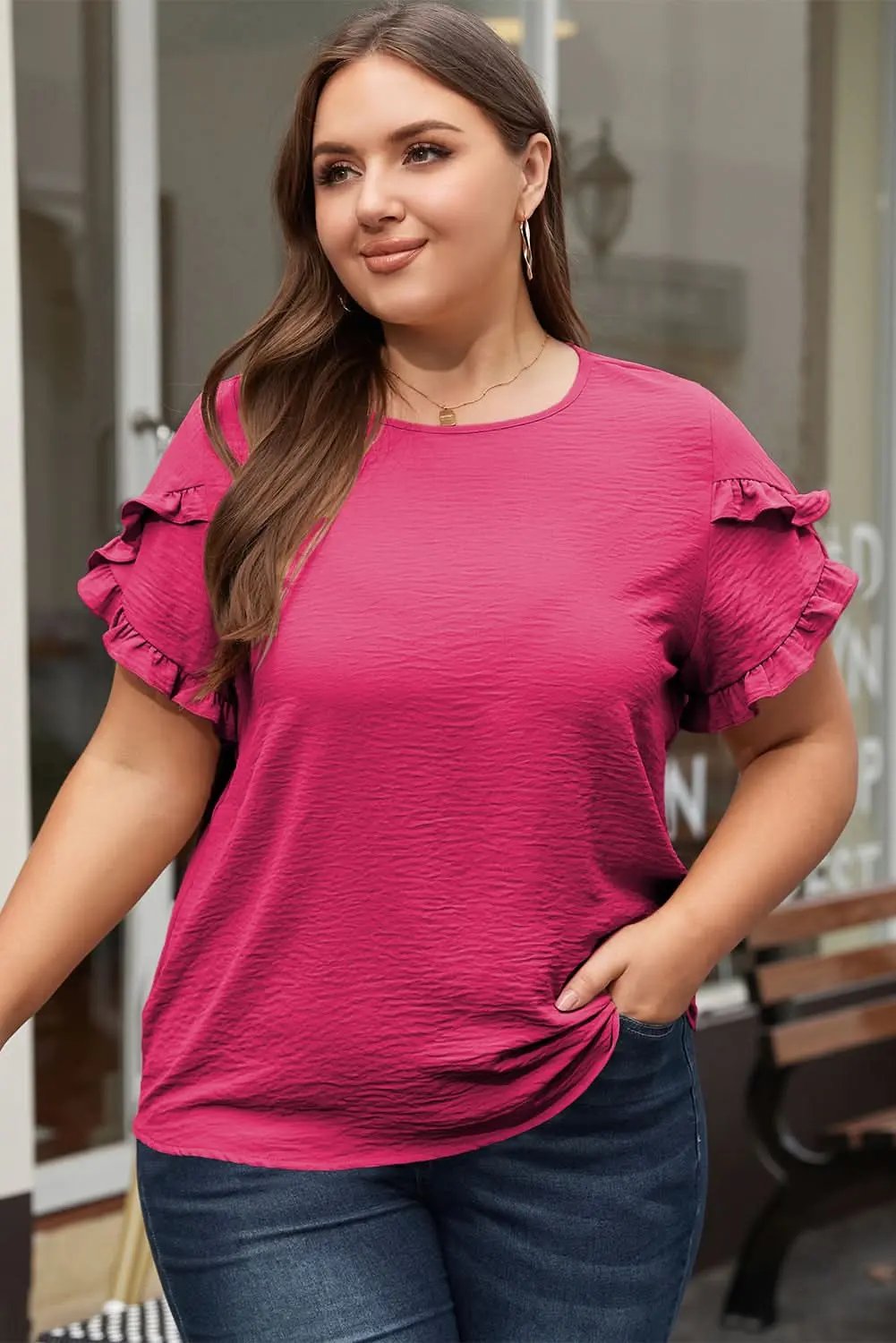 Bright Pink Ruffled Short Sleeve Plus Size Top - Love Salve